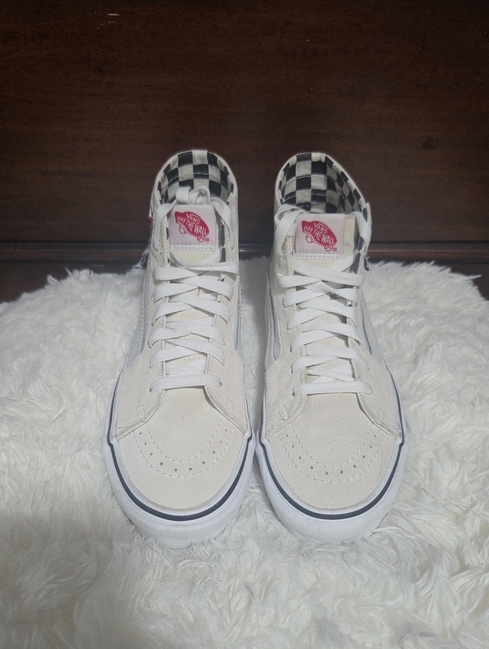 Vans Men’s Cream High-Top Sneakers with Black-and-White Checkerboard Lining
